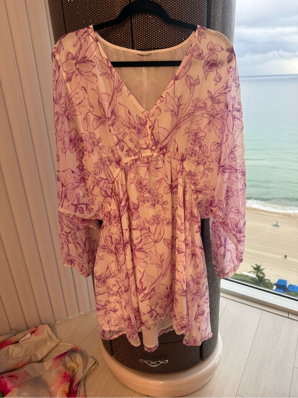 Floral V-Neck Peplum Women's Dress in Pink/Purple and White